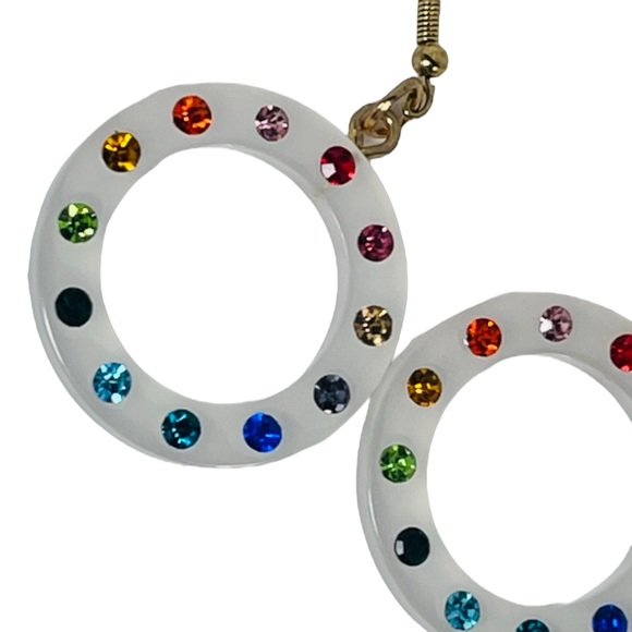 Rainbow Round translucent resin hoops with rhinestones earrings NEW - Picture 6 of 7